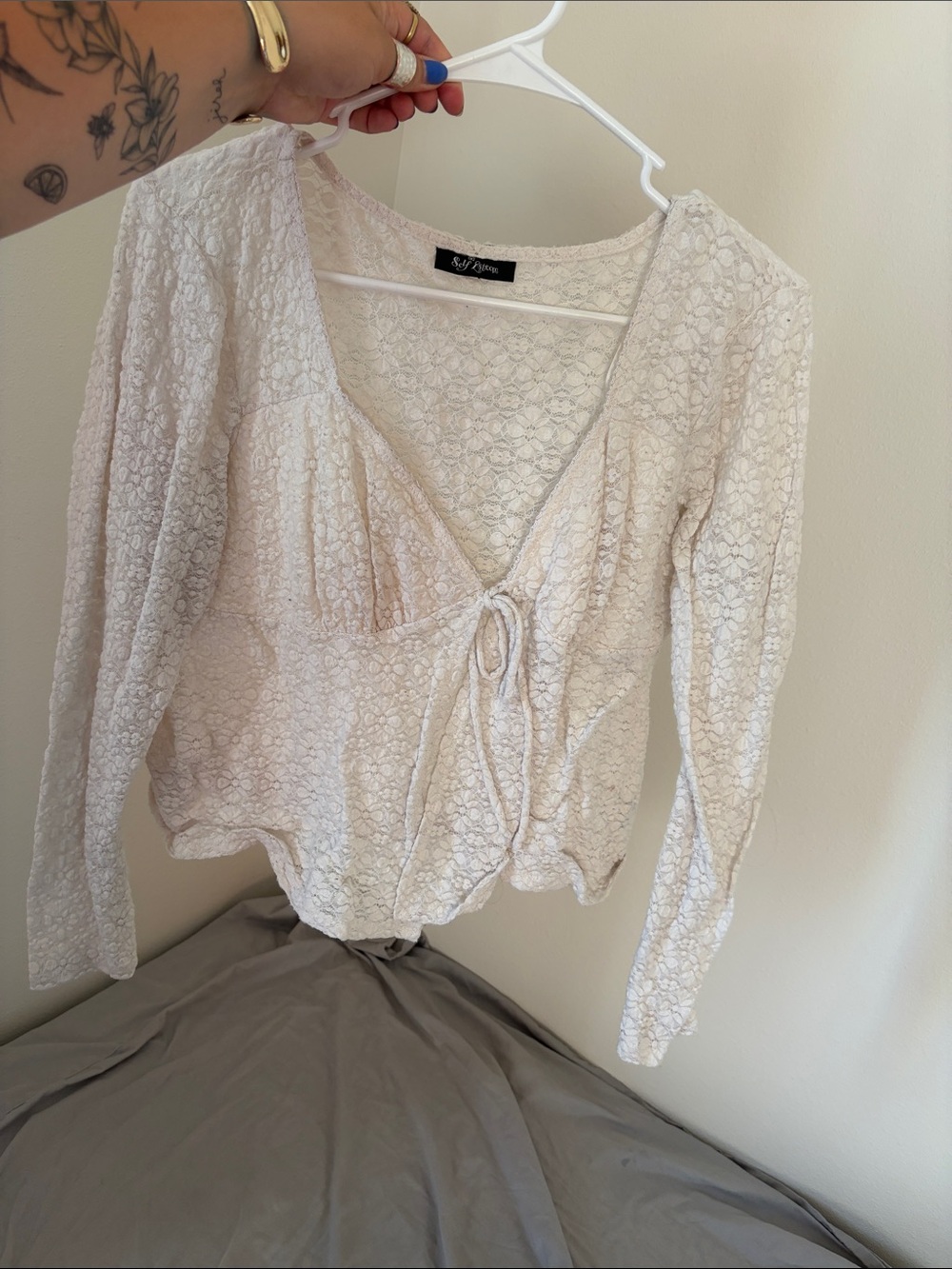 Expressions Ivory Lace Tie-Front Blouse